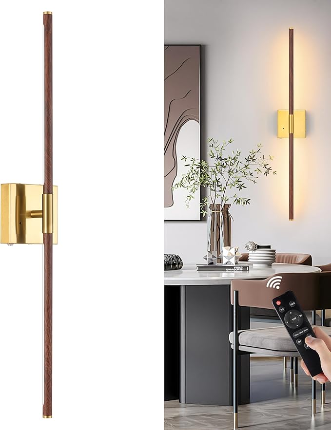 Morauroral Battery Operated Wall Sconce Single, Walnut Rechargeable Wall Sconce with Remote, Dimmable Sconce Wall Light, 24 Inch LED Wireless Wall Light for Background Wall, Bedroom,Living Room