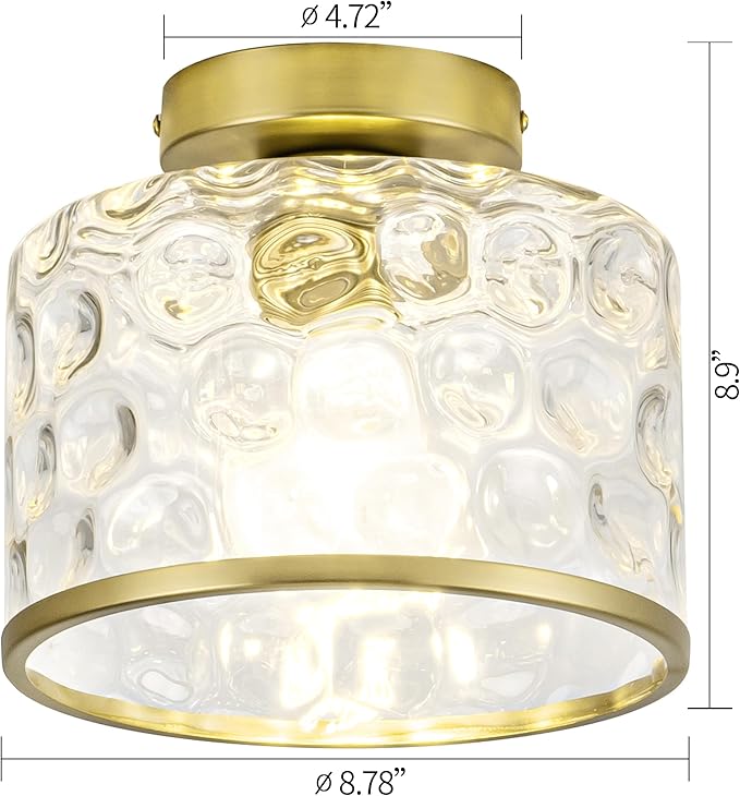 Zlepmlla Gold Flush Mount Ceiling Light with Clear Hammered Glass lampshade, Farmhouse Ceiling Lights Fixture in Satin Brass for Kitchen Bathroom, Bulb not Included