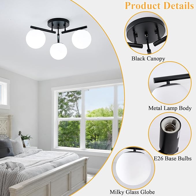 3 Light Modern Sputnik Semi Flush Mount Ceiling Light, Black Sputnik Ceiling Light Fixture, 21.65 '' Milky Glass Globe Mid Century Modern Ceiling Lights for Bedroom Hallway Living Room