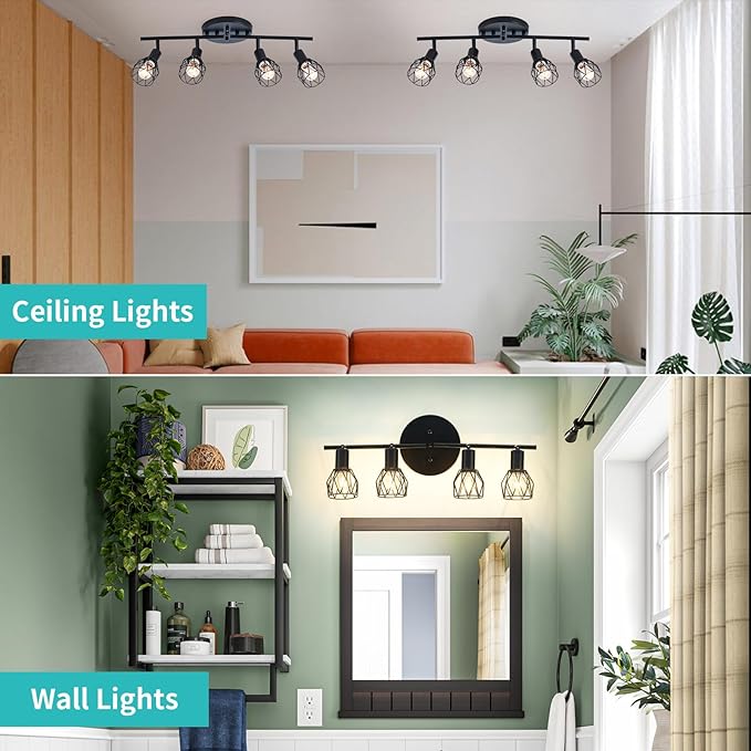 Track Lighting Kit, 4-Light Adjustable Multi-Directional Ceiling Light Fixtures, Vintage Black Metal Wire Cage Farmhouse Light Fixtures Ceiling Mount for Kitchen Dining Table Hallway Bathroom Bedroom