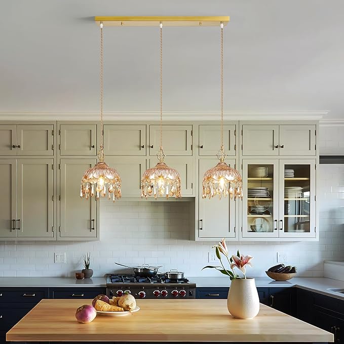3-Light Glass Pendant Light Crystal Hanging Light Fixtures,Brass Vintage Amber Glass Pendant Lights for Kitchen Island Dining Room Living Room Bedroom Hallway(Amber,Long Chassis)