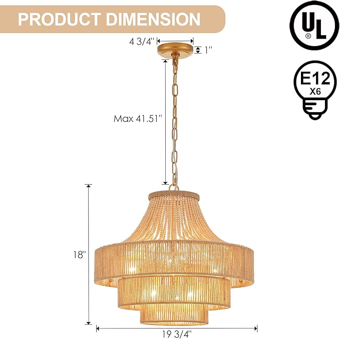 Wood Beaded Rattan Chandelier Boho Hand Woven Pendant Light 6-Lights Adjustable Coastal Pendant Lighting Fixtures for Dining Living Room Kitchen Hallway, Dia 20”, UL Listed
