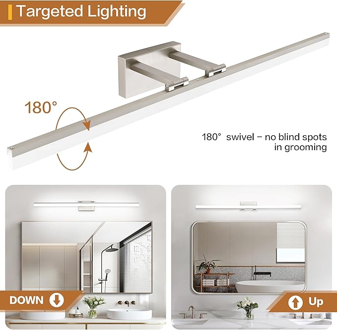 SOLFART Bathroom Light Fixtures: 48 Inch Vanity Light for Large Mirrors- Brushed Nickel 6000K LED Adjustable 180 Degree Bar, IP44 Damp Protection, ETL
