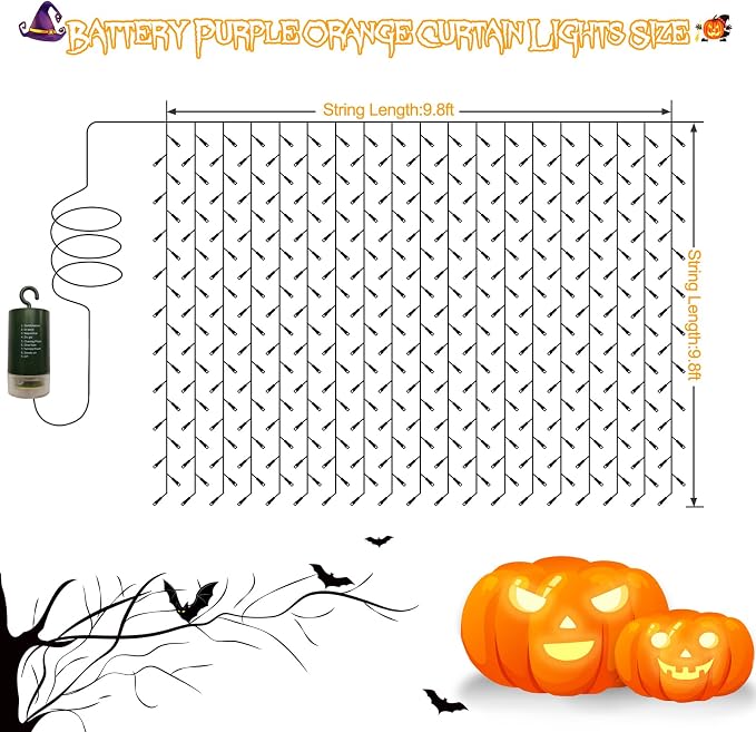Halloween Battery Curtain Lights Purple Orange with Remote Timer 9.8×9.8ft