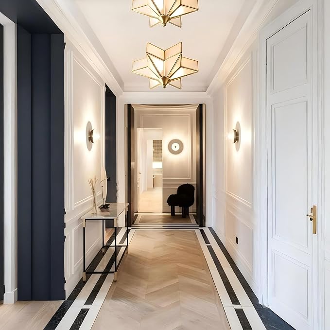 LIGHTLAND 11.8 Inch Flush Mount Star Ceiling Light, 3 Lights Brass Ceiling Lamp with Glass Lampshade, Art Deco Close to Ceiling Light Fixtures for Entryway Hallway Porch, Gold