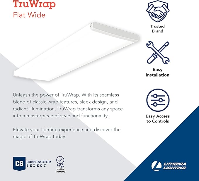 Lithonia Lighting TruWrap 4 Foot LED Ceiling Light Fixture, Low-Profile Wraparound LED Shop Light, Adjustable Lumens, Selectable Warm White/Cool White/Daylight Color, Flat Diffuser, Wide Width