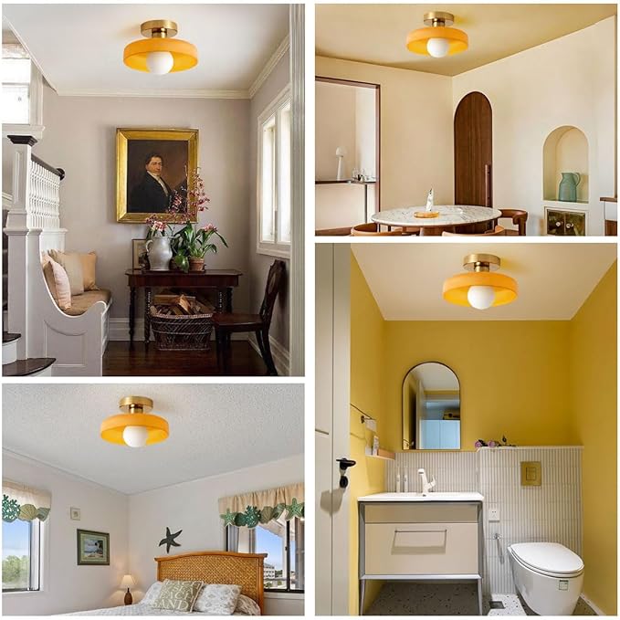Brass Gold Semi Flush Mount Ceiling Light Fixture Vintage Glass Pendant Light Orange Dome Shade Bedroom Mid Century Modern Close to Ceiling Lights Hallway Overhead Lights Fixtures