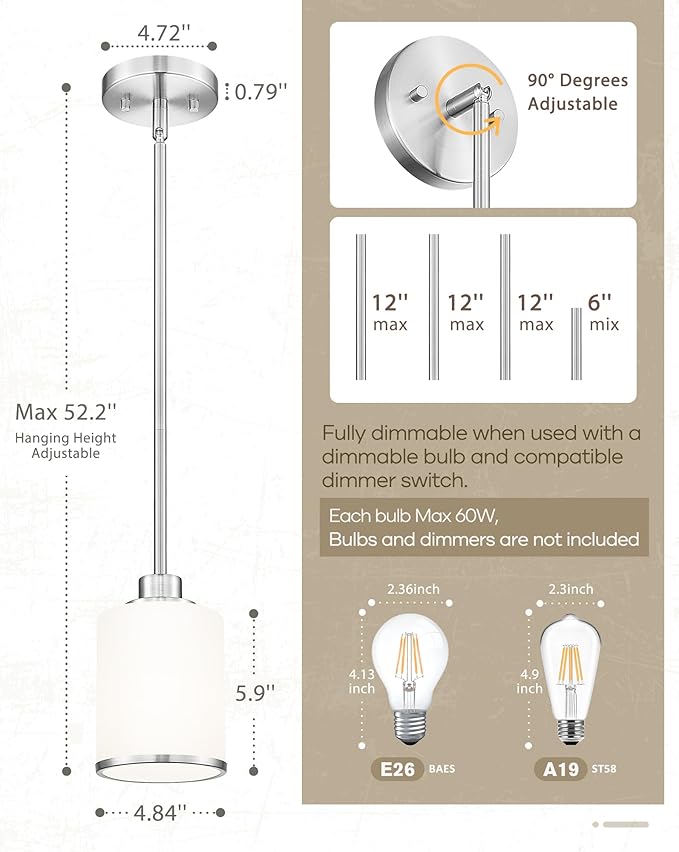 Beionxii Brushed Nickel Pendant Lights Kitchen Island, Hanging Lights Fixtures with Milk Glass, Kitchen Pendant Lighting Over Island, Hanging Lights for Sink, Dining Room, Entryway, BX-PL02BN