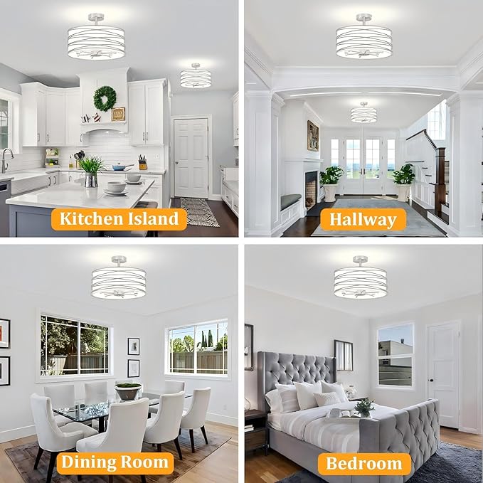 TOULMJ 6-Light Semi Flush Mount Ceiling Light, 16.53‘’ Brushed Nickel Drum Chandelier with White Fabric Shade, Modern Farmhouse Dimmable Light Fixtures for Kitchen Laundry Hallway Dining Room Foyer