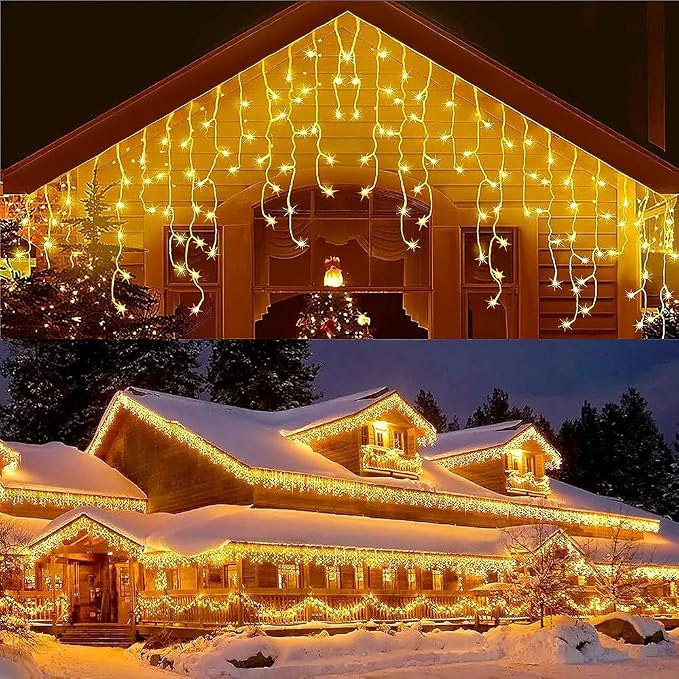 Sherno 1Pcs LED Solar String Lights, 8 Modes Icicle Curtain Lights, Outdoor Fairy Lights for Christmas, Garden, Party Decoration (Warm White, 137.8inch 96LEDs)