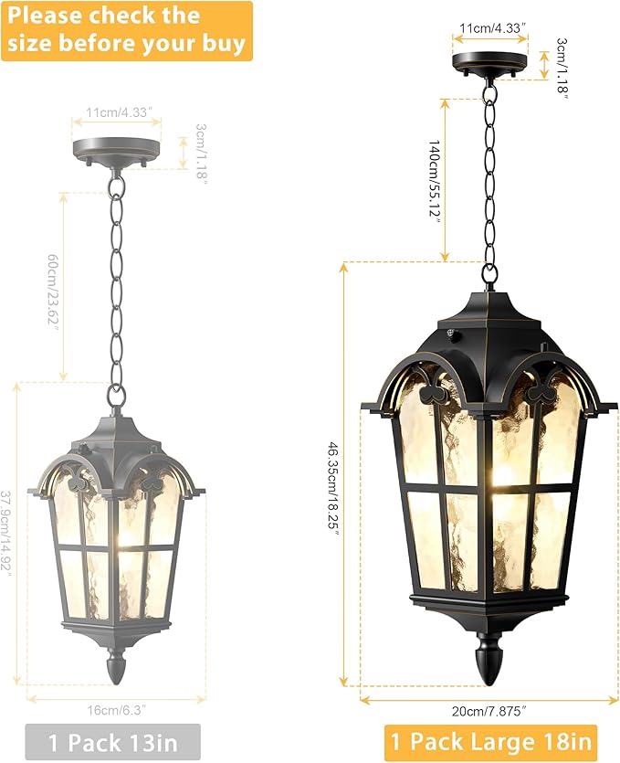 18" Outdoor Pendant Light Dusk to Dawn for Porch, Anti-Rust Aluminum Chandelier, Waterproof Exterior Hanging Lighting Fixture with Ripple Glass for Gazebo, Black with Golden Edge