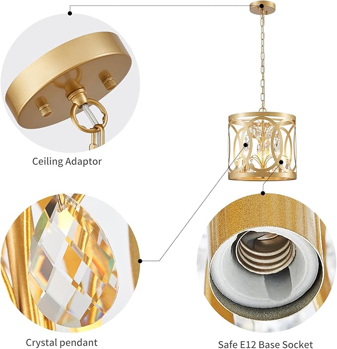 WUZUPS Crystal Chandelier 3-Light Vintage Farmhouse Pendant Ceiling Light Lighting Fixture for Foyer Diningroom Bedroom Hallway Storage Kitchen Bathroom, H 10.8" W 11.8", E12 Base, Gold