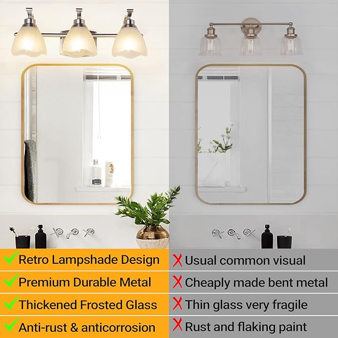 WJShome 19.5" Bathroom Light Fixtures, 3-Light Vanity Lights with Frosted Glass Shades, Brushed Nickel Wall Sconces, for Mirror Bedroom Hallway Cabinet
