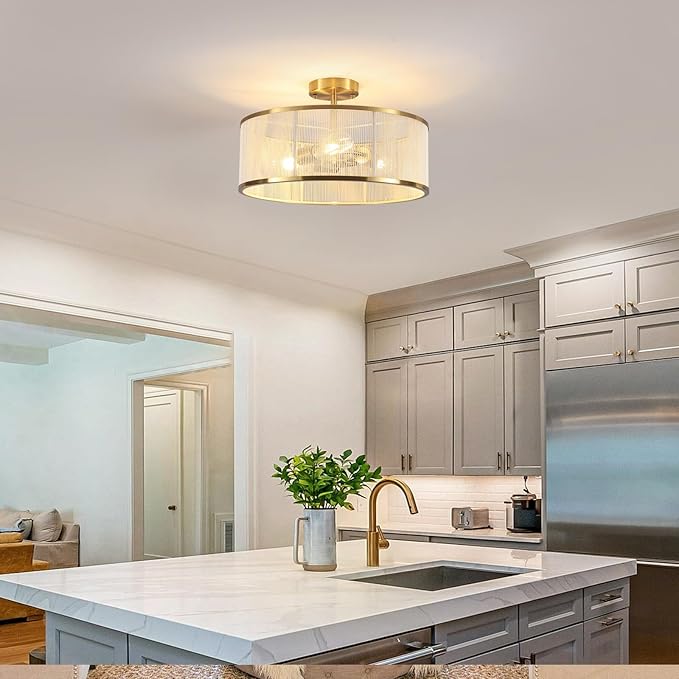 17.3" Boho Gold Semi Flush Mount Ceiling Light Modern Fixtures Ceiling Mount with Hand-Woven Rope Shade 3-Light Drum Lighting Fixtures Close to Ceiling Light for Bedroom Living Room Hallway Kitchen