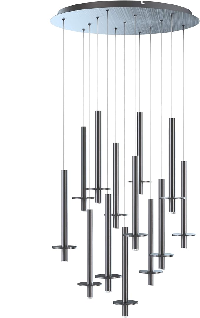 Draco 13 Pendant Lighting Nickel – LED Hanging Light Fixture for Kitchen Island, Bar, Foyer – Equilateral Cluster of Mini Metal Rod Pipe Tube Cylinders – Dimmable, Adjustable Wire, Lamp Bulb Included