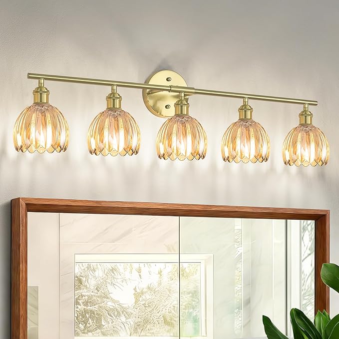 Vintage Bathroom Light Fixtures,5-Light Hardwired Vanity Lights with Amber Tulip Glass Shade,Gold Bathroom Vanity Light for Mirror Restroom,E26 Socket,33.46 in(Bulbs Not Included)