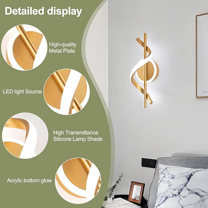 EIDISUNY LED Wall Sconces Indoor, 12W LED Wall Mount Lights, Modern Spiral Wall Lamp, 6000K Cold Light Fixture for Stairs, Living Room, Bedroom, Aisle, Hallway (Cold White, Gold)