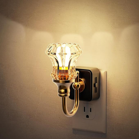 JandCase Night Light, Night Lights Plug into Wall, Dimmble Floral Glass LED Nightlight, 0-100 LM Flower Nightlights, Dusk to Dawn Sensor, 1W Vintage Nite Light for Bathroom Hallway Gift Vanity Decor