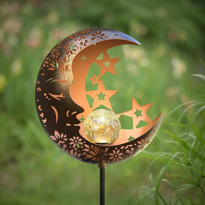 Hapjoy Moon Solar Lights Outdoor Garden Decorative Star Solar Lantern with Warm Light Waterproof Metal Outdoor Decoration for Patio, Pathway or Yard Garden Decor