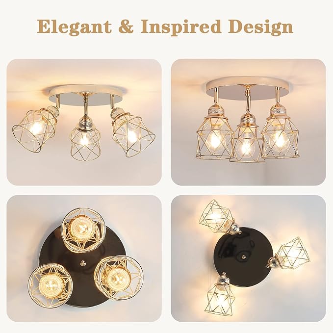 Kitchen Light Fixtures - 3-Lights Multi-Directional Ceiling Lamp with E26 Base, Adjustable Flush Mount for Hallway, Farmhouse, Kitchen, Dining Room, Entryway