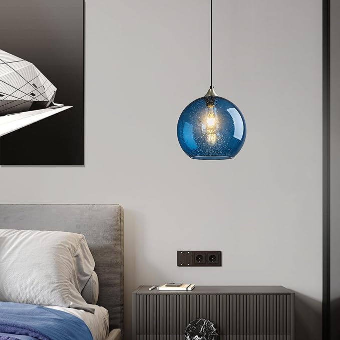 Mikeru Glass Globe Pendant Light Single, 9.85 Inch Clear Bubble Glass Hanging Lamp, Mid Century Modern Pendant Lighting for Kitchen Island Dining Room Bedroom (Bulb Not Included)