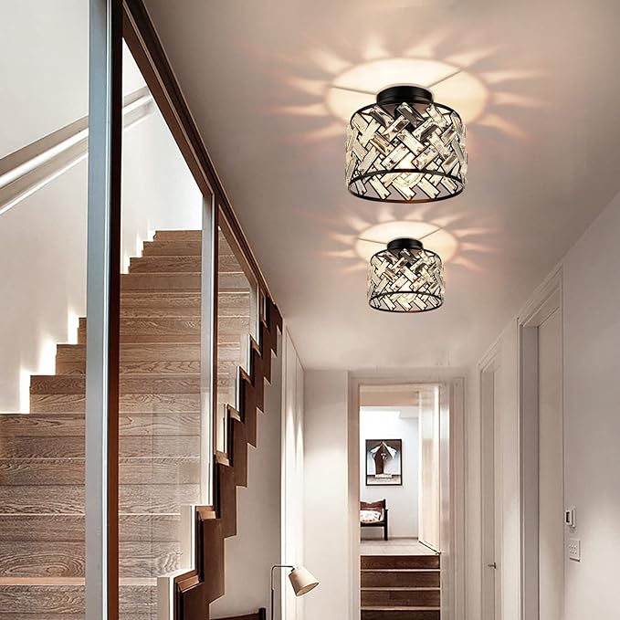 FRIDEKO HOME Crystal Light Fixture Ceiling Mount - Black Hallway Light Fixtures Crystal Semi Flush Mount Ceiling Lights for Kitchen Bedroom Bathroom Entryway（8.86 Inch, Bulb not Included）