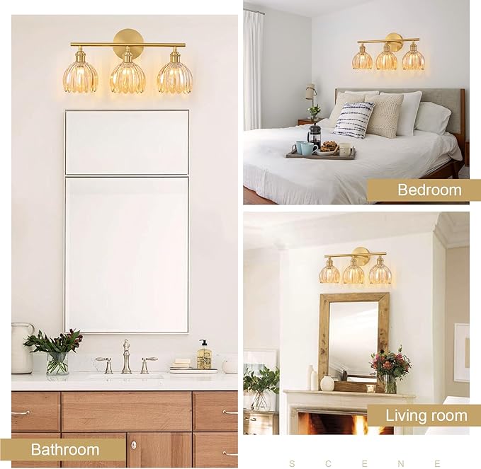 Gold Bathroom Light Fixtures Over Mirror, 3 Light Bathroom Vanity Light Fixture with Tulip Amber Glass Lampshade, Vintage Vanity Lights for Bathroom, Bathroom Vanity Lights Over Mirror