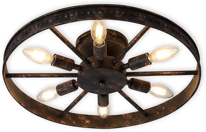 Semi Flush Mount Ceiling Light, Industrial Metal Ceiling Light Fixture, 18.9" Rustic 6-Light Farmhouse Light, Red Rust Chandelier for Kitchen Dinning Room Entryway Living Room
