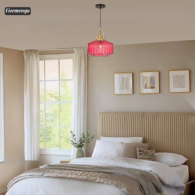 11.8in Mid Century Modern Wine Red Glass Pendant Light Fixture, Large Gold Kitchen Island Pendants Light Glass Ceiling Hanging Lamp for Foyer Dining Room Bedroom Entryway Hallway Over Sink