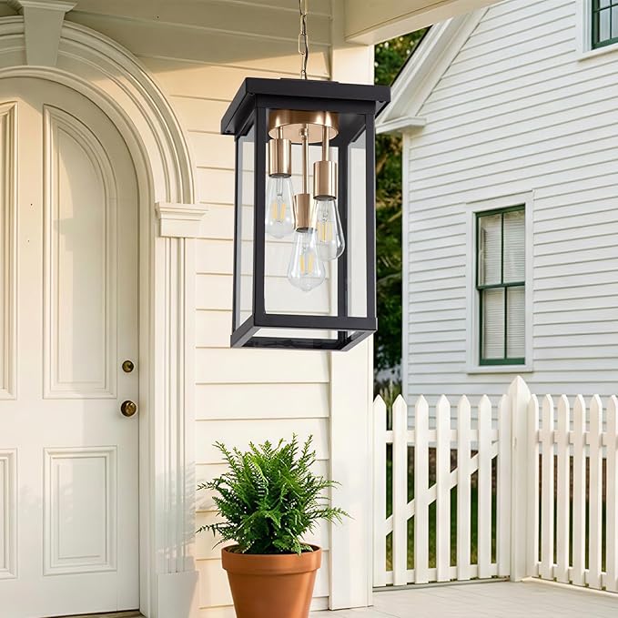 LOUSACE 16.1'' Large Outdoor Pendant Light Fixtures 3-Lights Brushed Brass & Black Outdoor Chandelier Exterior Hanging Porch Light Fixtures, Outside Pendant Porch Light Lantern for Entrace Balcony