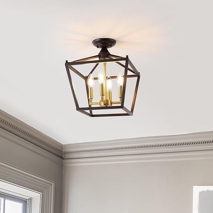 JONATHAN Y 12" Oil Rubbed Bronze/Brass Gold Modern Farmhouse Pagoda 4-Light LED Semi Flush Mount Lantern, Metal Ceiling Light Fixture for Kitchen, Hallway, Entryway, Bedroom, Hardwired (JYL7610G)