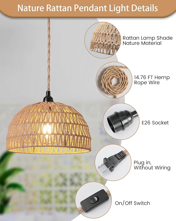 Rattan Hanging Lamp,Boho Pendant Lights,Plug in Cord Hanging Rattan Light,Plug Into Wall Outlet Pendant Light Fixture On/Off Switch for Living,Dinner Room,Bedroom,Kitchen,for E26,without Bulb