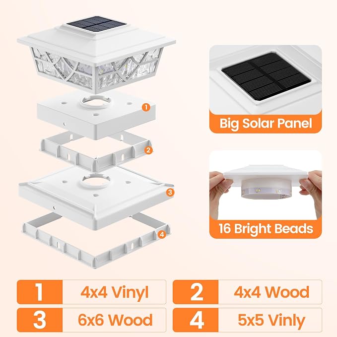 APONUO Fence Post Solar Lights 4 Pack - 5x5 Solar Post Cap Lights White for Vinyl Fence, IP64 Waterproof, Fits 4x4 5x5 6x6 Wood/Vinyl Posts, Auto On/Off, Deck, Patio, Porch & Yard (Warm/Cool White)