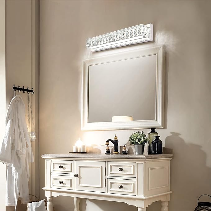 ZUZITO Crystal Bathroom Light Fixtures Over Mirror, 22.8in Modern LED Vanity Lights for Bath, Chrome Stainless Steel Bathroom Lighting, 6000K Bright White Light