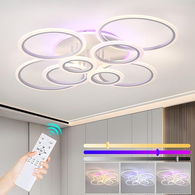 Modern LED Ceiling Light,41.3'' Dimmable Flush Mount Ceiling Lights with Remote,Acrylic Round Ceiling Lighting Fixture for Living Room Dining Room Bedroom Kitchen(White,8 Rings,80W)