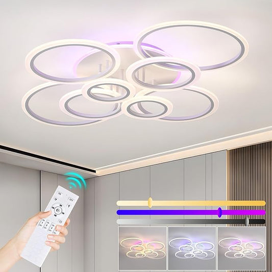 Modern LED Ceiling Light,41.3'' Dimmable Flush Mount Ceiling Lights with Remote,Acrylic Round Ceiling Lighting Fixture for Living Room Dining Room Bedroom Kitchen(White,8 Rings,80W)
