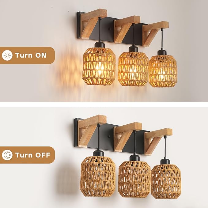 3-Light Bathroom Vanity Light Fixtures, Rustic Style Rattan Bathroom Wall Sconce with Handmade Bamboo Woven Boho Wicker Lampshade, Farmhouse Wooden Bracket, Suit for Stairway Bedroom and Hallway