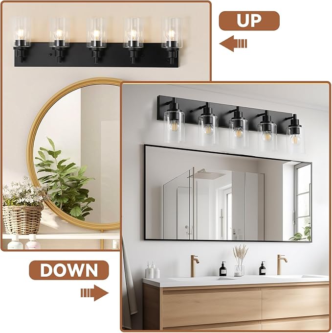 LOUSACE 5 Light Bathroom Vanity Light, Matte Black Bathroom Light Fixtures Over Mirror, Modern Bathroom Lighting with Clear Glass Shade, Black Farmhouse Wall Sconces Lighting Fixture for Bedroom