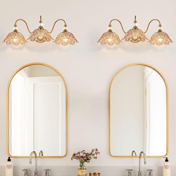 Vintage Bathroom Vanity Light, 3-Light Matte Brass Finish Vanity Light with Flower-Shaped Amber Glass Shades, Retro Wall Sconce for Bathroom, Dressing Table