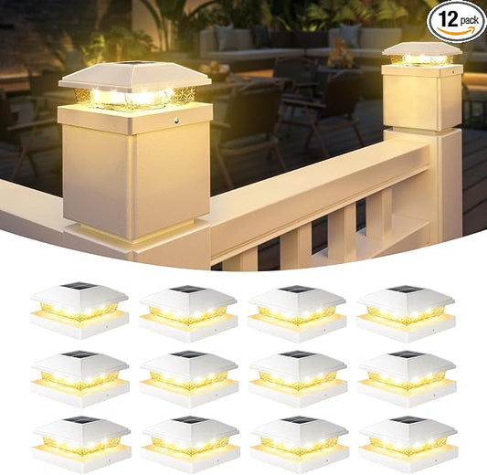 VOLISUN 4x4 Solar Fence - Post Lights 12pack, Post Cap Light Outdoor Waterproof, Whtie Deck Cap Light Solar Powered with Warm White,for 4x4 Wooden/4x4 or 5x5 Vinyl