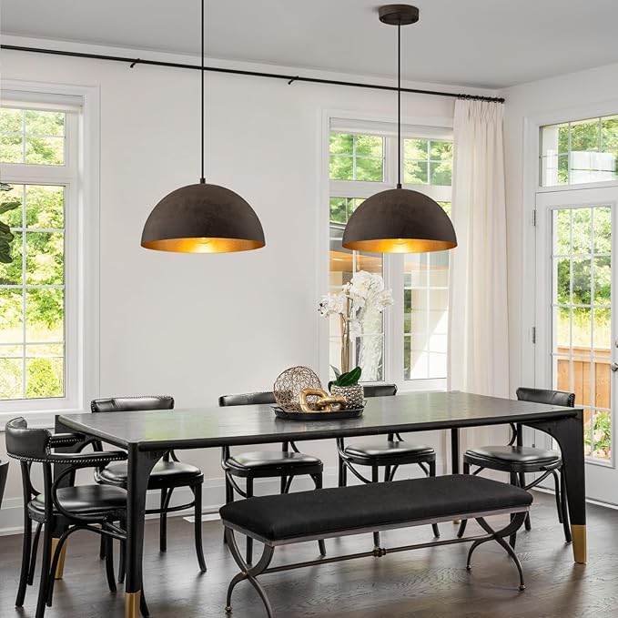 Farmhouse Pendant Light,11.8" Black with Brown Grain Industrial Dome Chandelier 2 Pack,Adjustable Vintage Pendant Lights Kitchen Island for Dining Room,Bedroom,Hallway