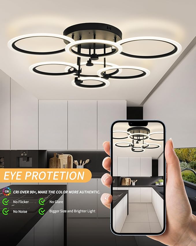 Smart LED Ceiling Light, 7-Ring Modern Flush Mount Fixture, 130W Dimmable 3000K–6500K, WiFi Alexa & App Control, Black Ceiling Light for Living Room Bedroom Kitchen (31.8")