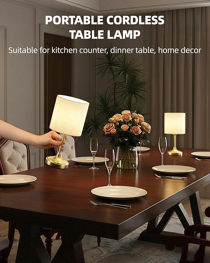Battery Operated Lamp, 8000mAh, Dimmable, Ambient Light, 2700K, Touch Control, Portable, Small, LED, Wireless, Rechargeable, Cordless, Desk Lamp, Kitchen Lamp, Fabric Shade, for Dining Room, Bedroom