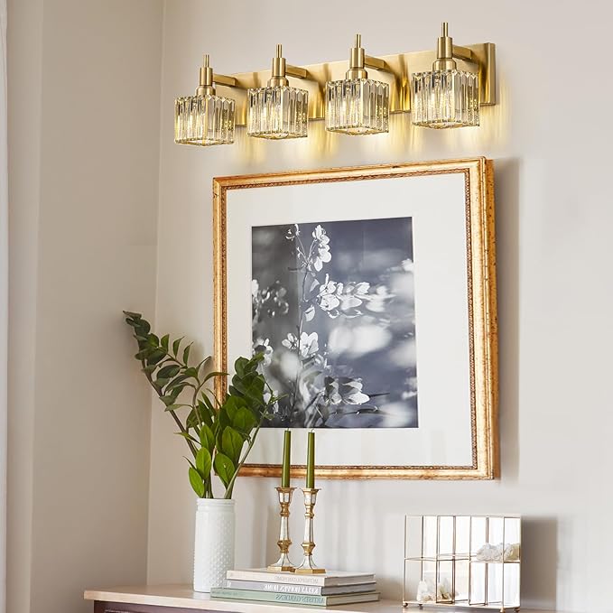 Gold Bathroom Light Fixtures, 4-Lights Crystal Bathroom Vanity Light Over Mirror Modern Gold Crystal Wall Light