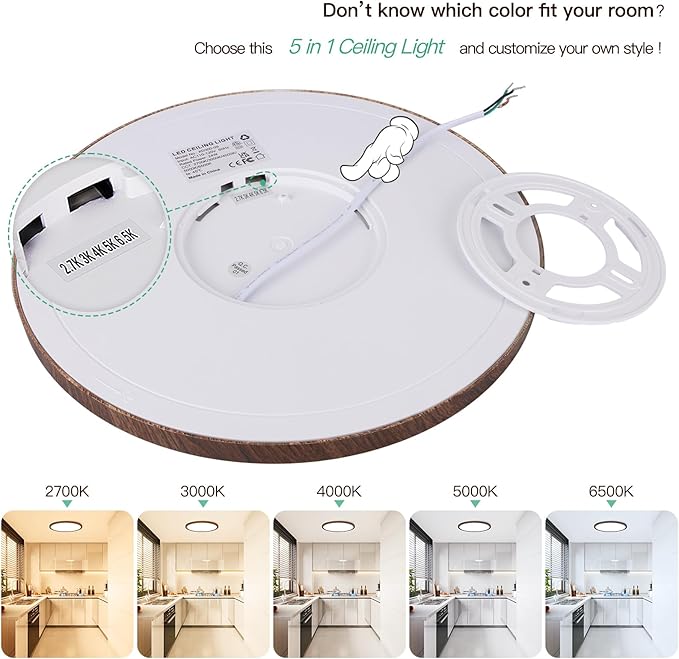 Brightever Walnut Wood LED Flush Mount Ceiling Light, 12 Inch 24W 3200LM Close to Ceiling Light Fixtures, Dimmable & 2700K-6500K 5 Color Selectable Light Fixtures Ceiling Mount, 1 Pack