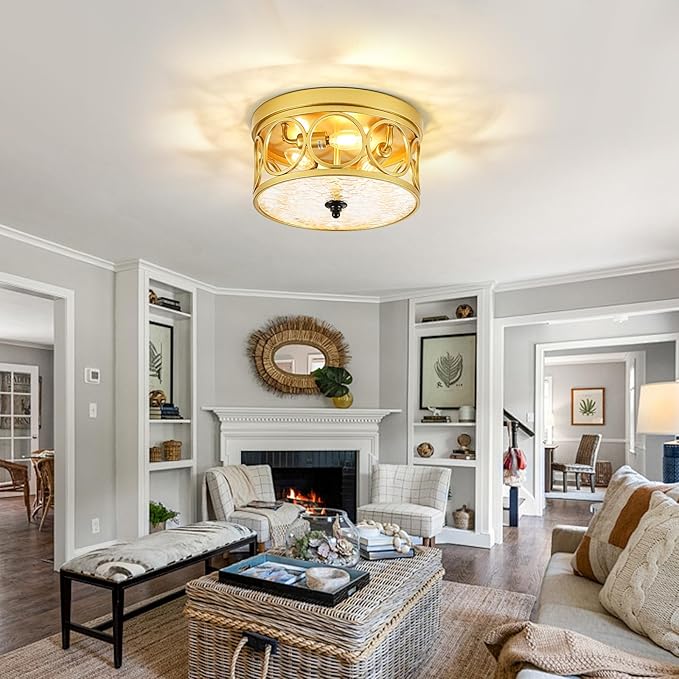 3-Light Flush Mount Ceiling Light Fixture, 11.2in Gold Metal Farmhouse Ceiling Lighting with Clear Glass & E12 Socket, for Kitchen Island, Bedroom, Entryway, Dining Room