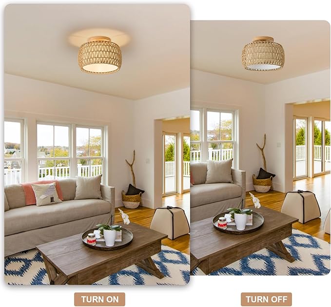 Boho Rattan Flush Mount Ceiling Lights 12 Inch Farmhouse Ceiling Light Fixtures Rustic Wicker Hand Woven Rope Cage for Dining Room Kitchen Bedroom Foyer Hallway Entryway