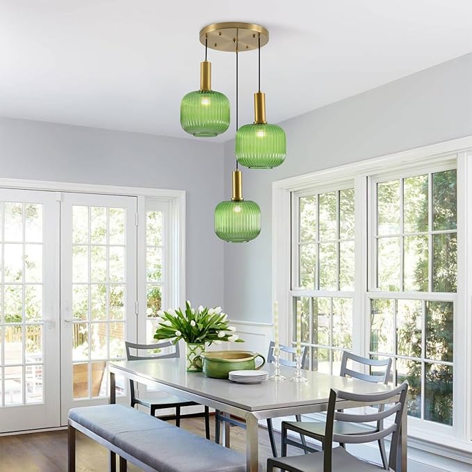 BOKT Green 3-Light Cluster Pendant Lights Mid Century Modern Ceiling Hanging Lighting 7.9" Farmhouse Gold Pendant Lights Kitchen Island with Ribbed Hand Blown Glass for Living Room Dining Room