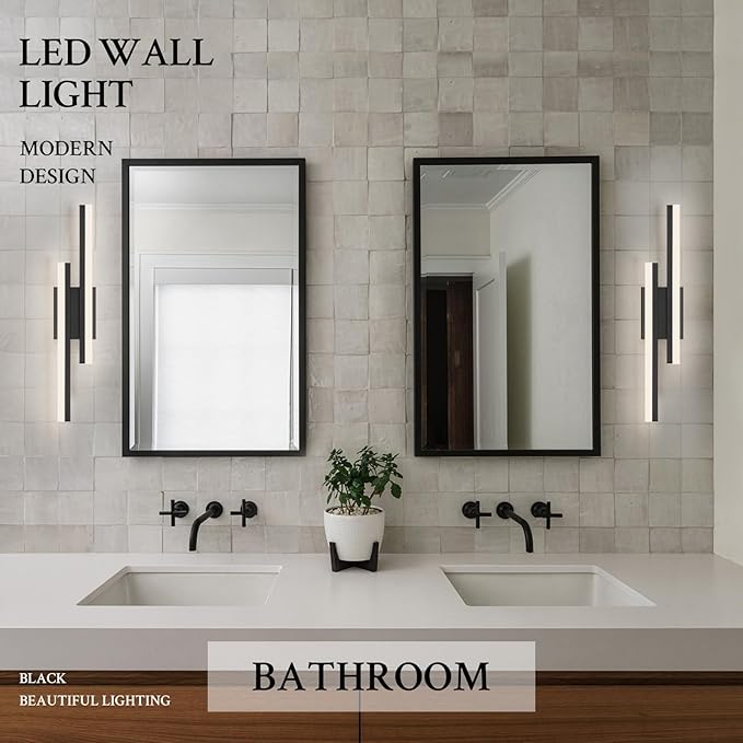 LED Wall Sconce Set of 2 Black Remote Modern LED Vanity Lights Set of 2 Indoor Wall Light Fixtures for Living Room, Dimmable Wall Sconce for Bedside Bedroom Bathroom, 23.6inch 2 Pack
