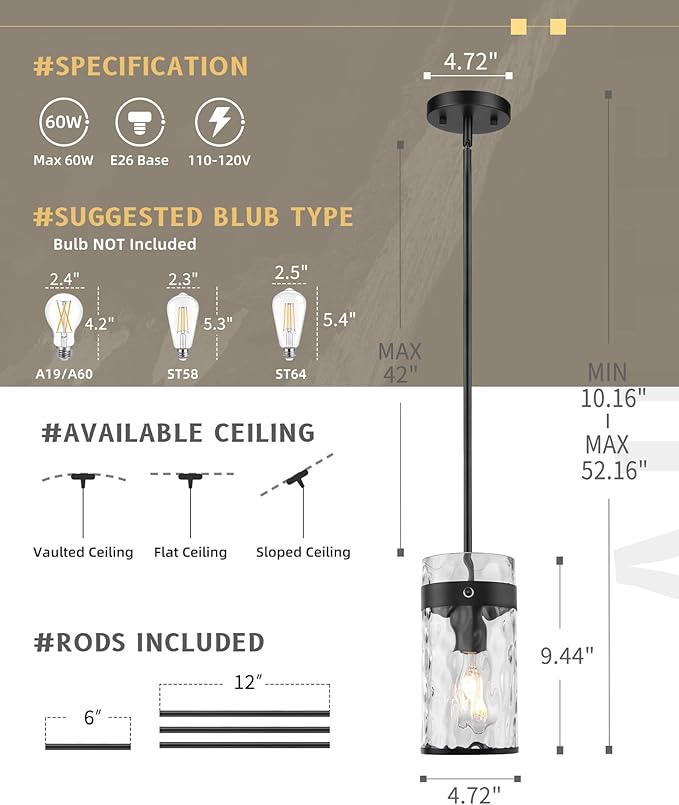 AUTELO 2 Pack Black Pendant Light, Glass Pendant Lights Kitchen Island with Hammered Glass, Modern Hanging Lamp with Adjustable Rods for Kitchen Dining Room, H-2529 HMBK2PK
